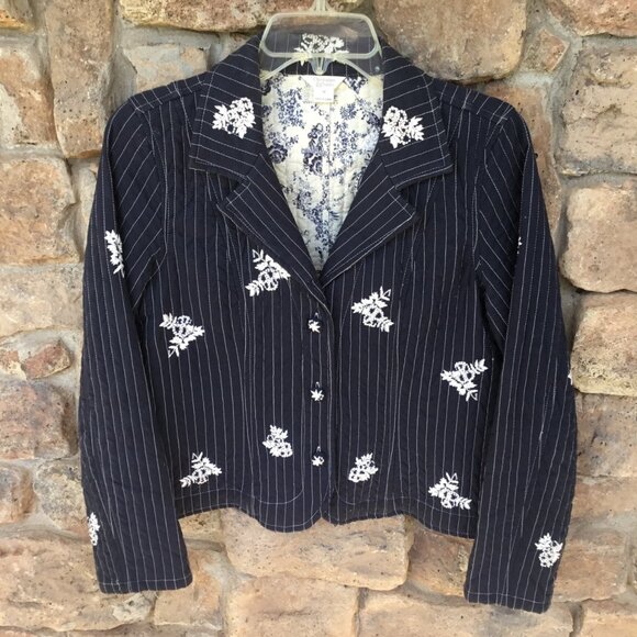 Navy Striped Quilted Jacket With White Embroidery By Christopher & Banks Size M - Picture 1 of 8